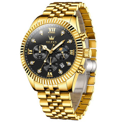OLEVS 2932 Luxury Gold Fluted Bezel Quartz Watch for Men - Gold Black Watch | Olevs Watch Store