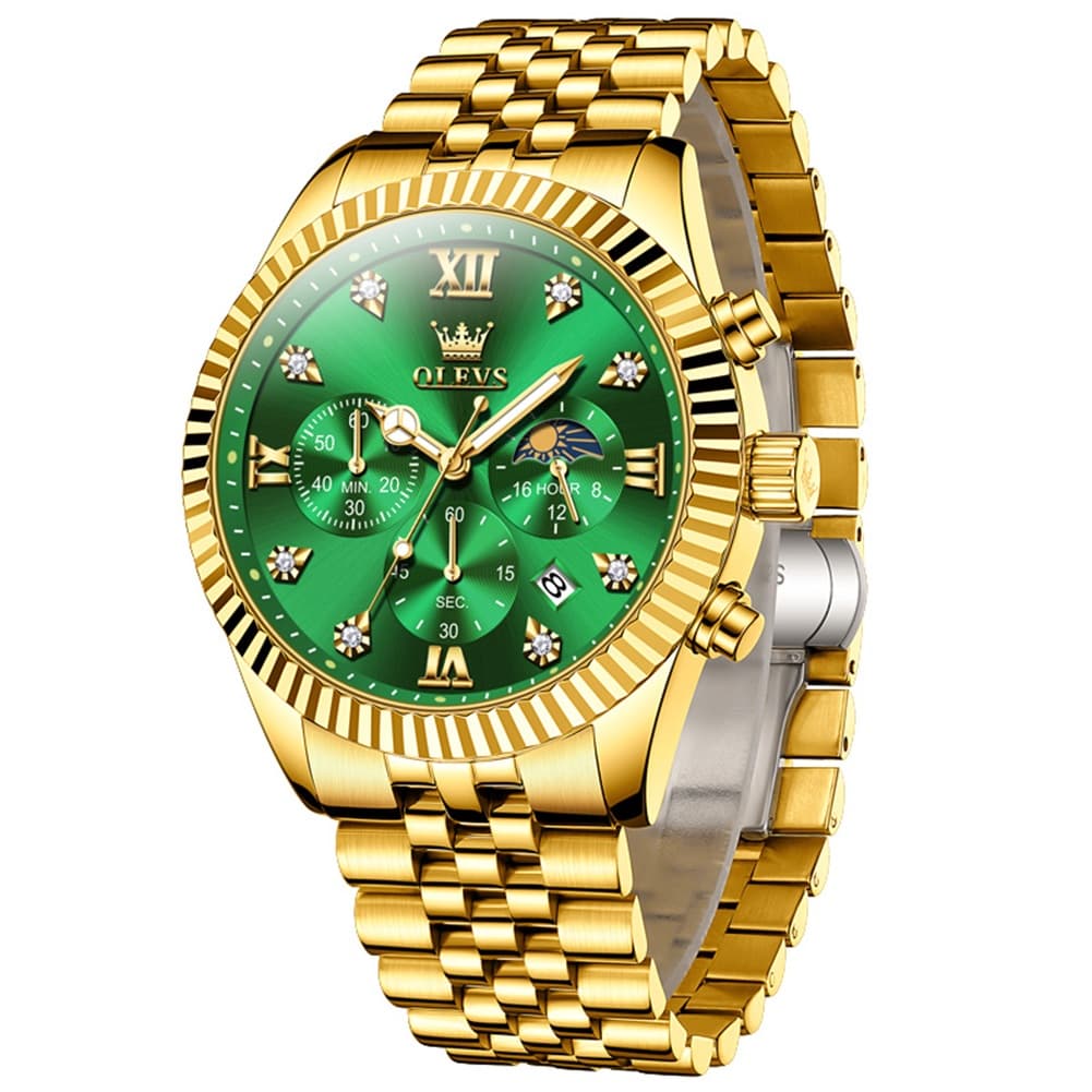 OLEVS 2932 Luxury Gold Fluted Bezel Quartz Watch for Men - Gold Green Watch | Olevs Watch Store