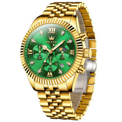 OLEVS 2932 Luxury Gold Fluted Bezel Quartz Watch for Men - Gold Green Watch | Olevs Watch Store