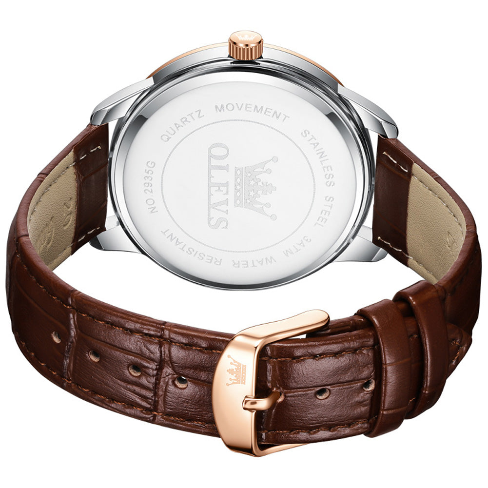 Rose Gold Blue leather strap day date quartz watch - OLEVS 2935