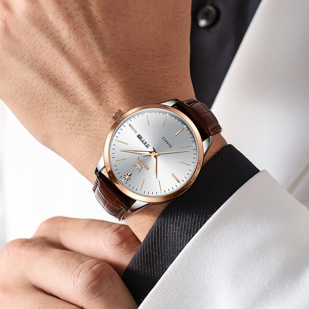 Rose Gold White leather strap day date quartz watch - OLEVS 2935