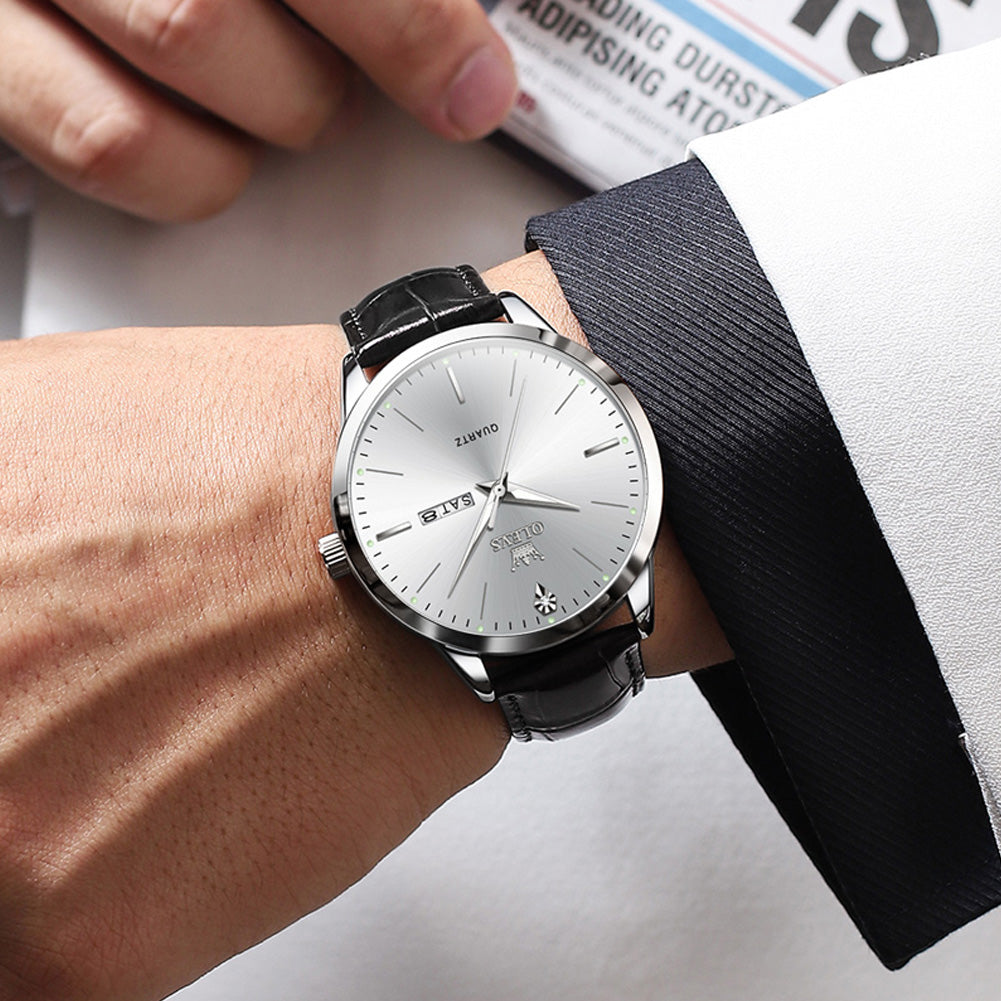 Silver White leather strap day date quartz watch - OLEVS 2935