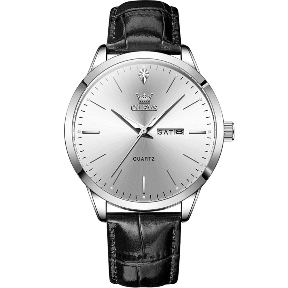 Silver White leather strap day date quartz watch - OLEVS 2935