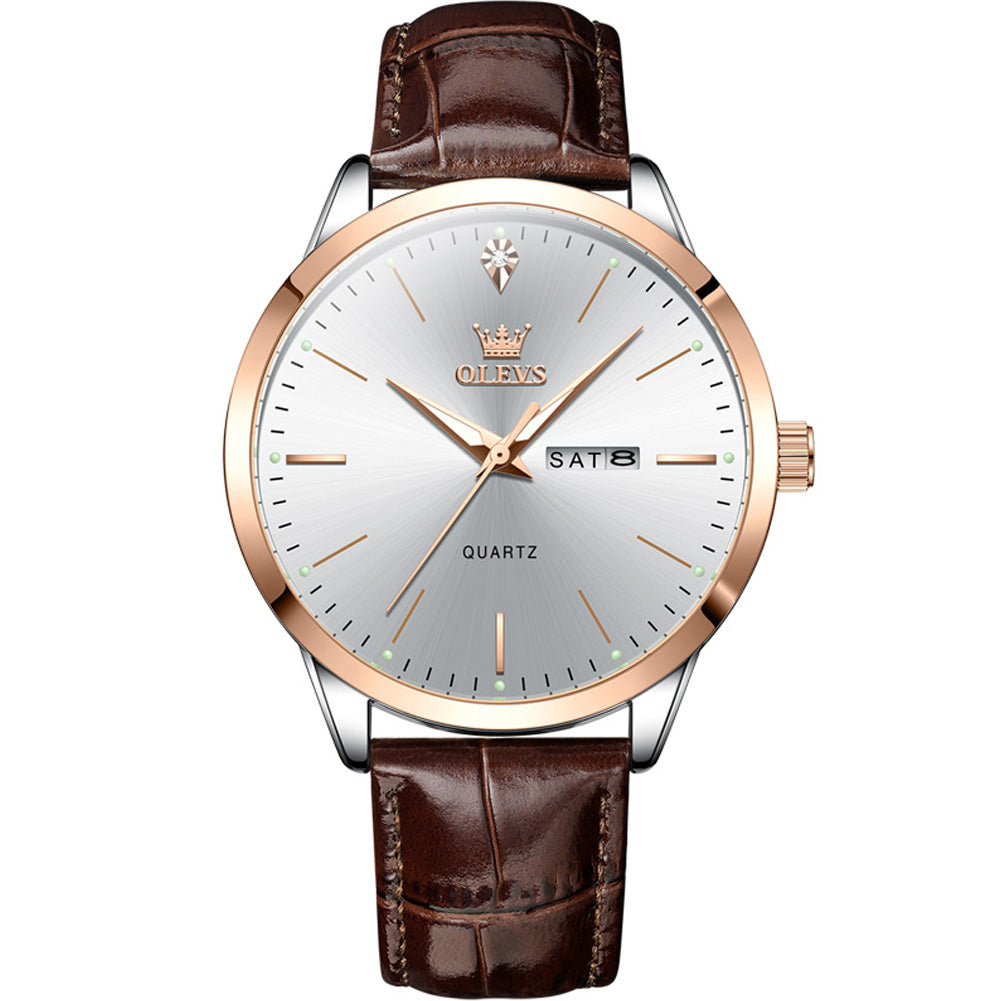 Rose Gold White leather strap day date quartz watch - OLEVS 2935