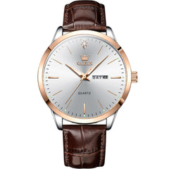Rose Gold White leather strap day date quartz watch - OLEVS 2935