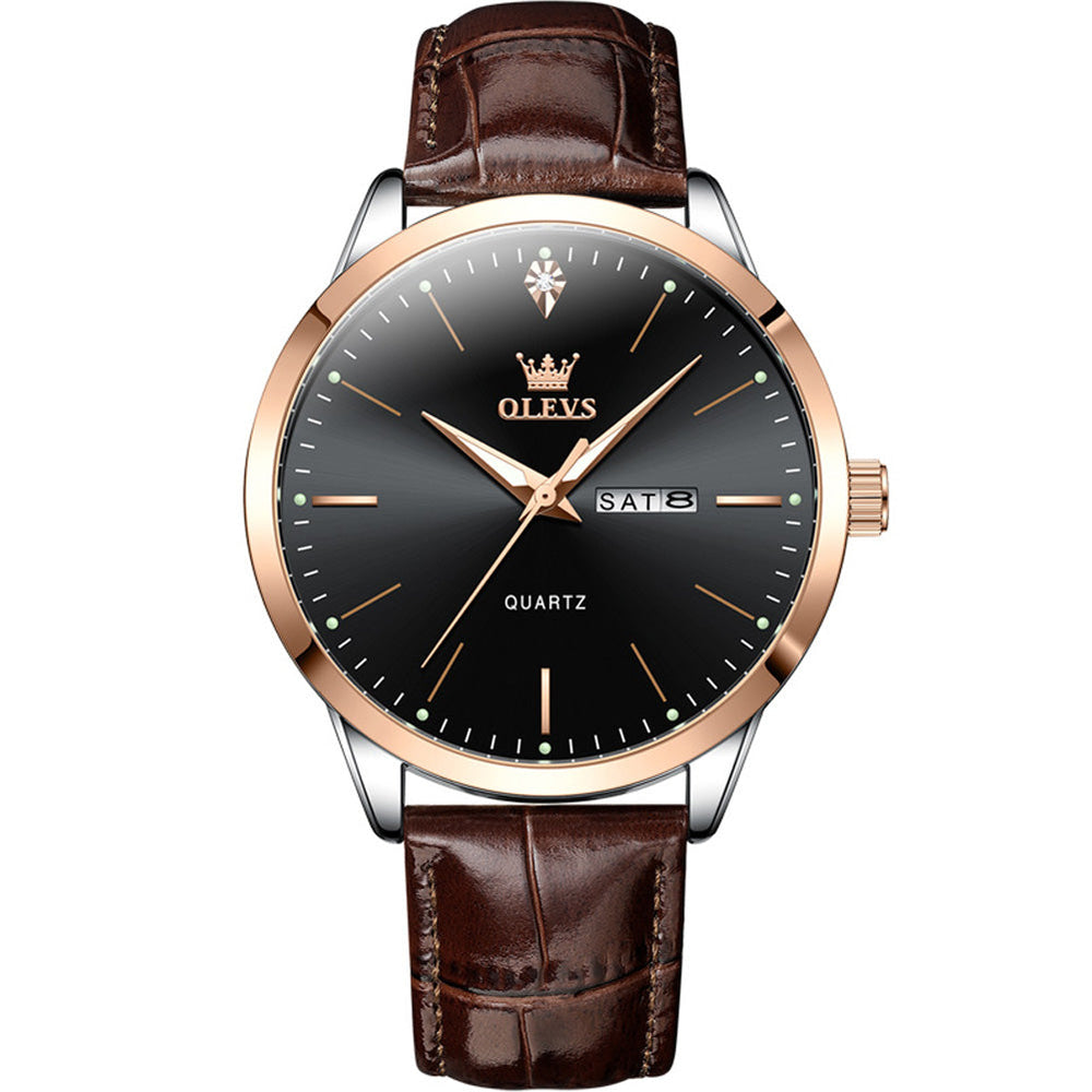 Rose Gold Black leather strap day date quartz watch - OLEVS 2935