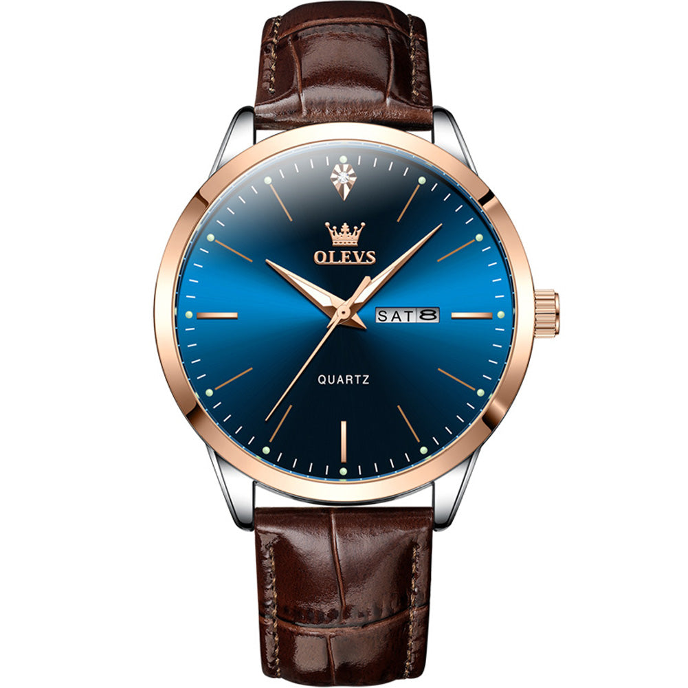 Rose Gold Blue leather strap day date quartz watch - OLEVS 2935