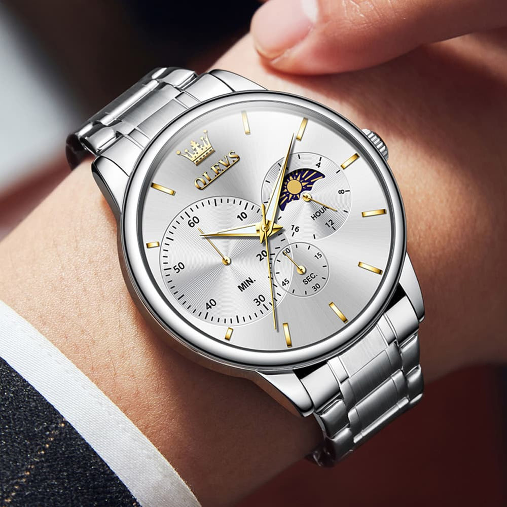 OLEVS 2936 Chronograph Moon Phase Quartz Watch for Men - Silver Black Watch | Olevs Watch Store