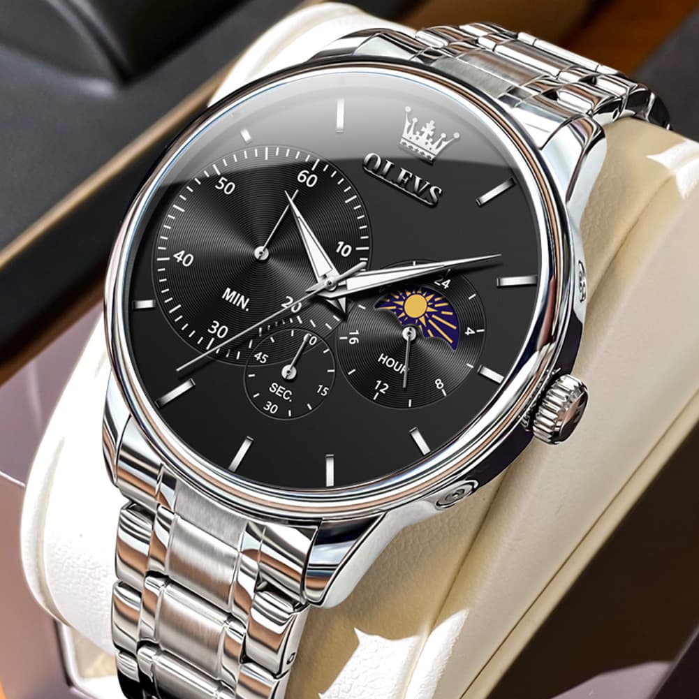 OLEVS 2936 Chronograph Moon Phase Quartz Watch for Men - Silver Black Watch | Olevs Watch Store