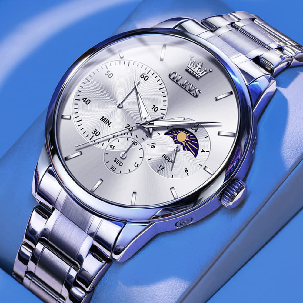 OLEVS 2936 Chronograph Moon Phase Quartz Watch for Men - Silver Black Watch | Olevs Watch Store