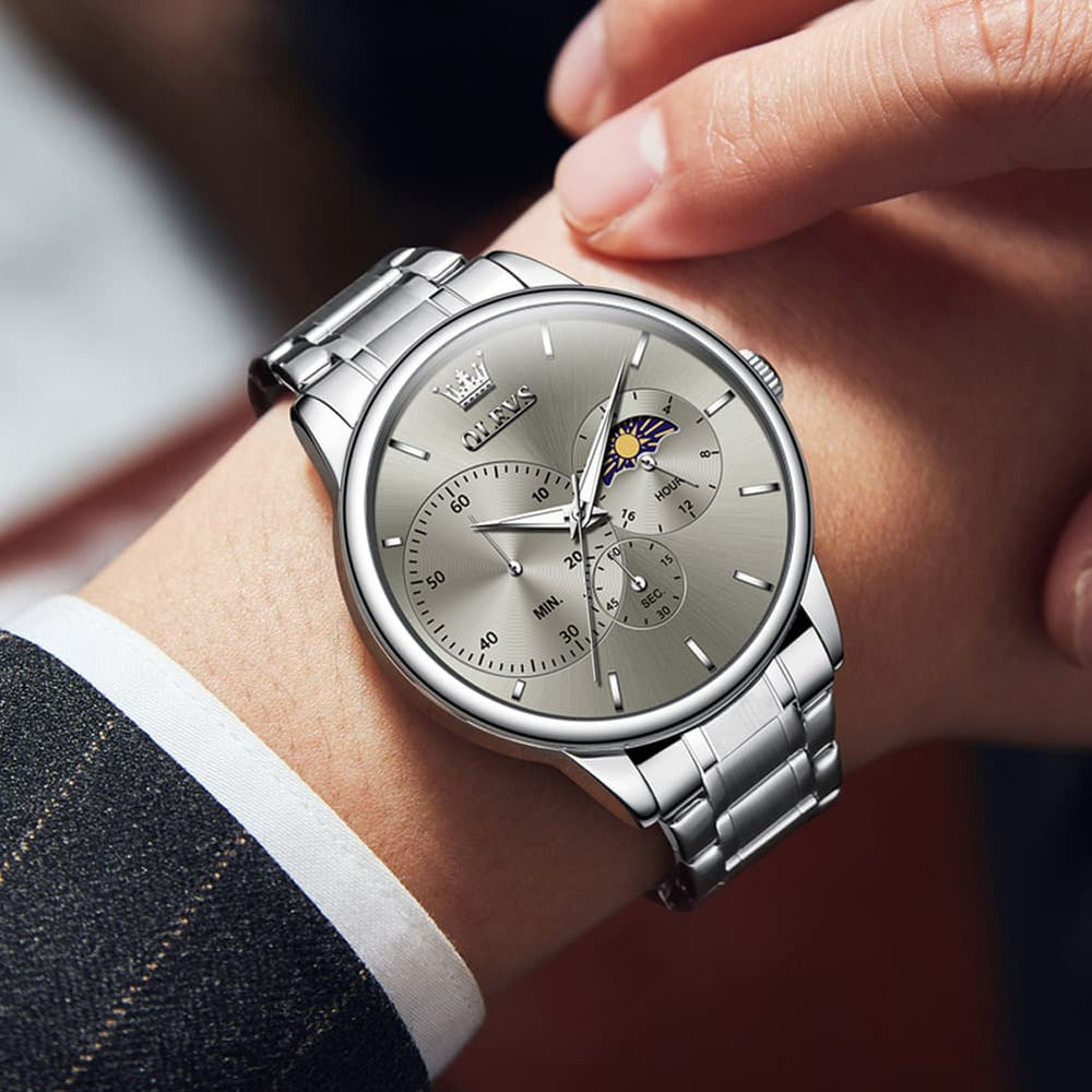 OLEVS 2936 Chronograph Moon Phase Quartz Watch for Men - Silver Black Watch | Olevs Watch Store