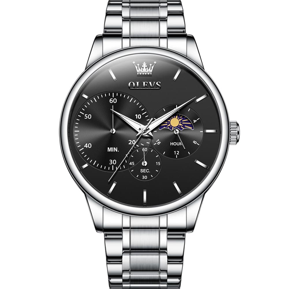 OLEVS 2936 Chronograph Moon Phase Quartz Watch for Men - Silver Black Watch | Olevs Watch Store