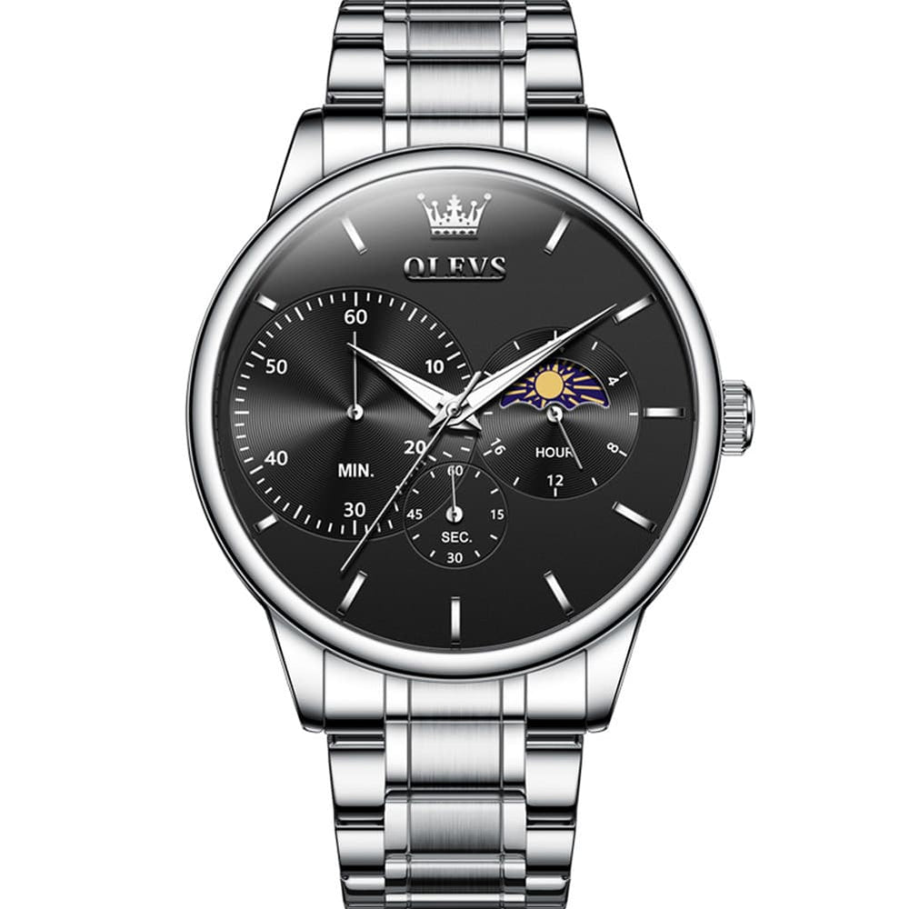 OLEVS 2936 Chronograph Moon Phase Quartz Watch for Men - Silver Black Watch | Olevs Watch Store