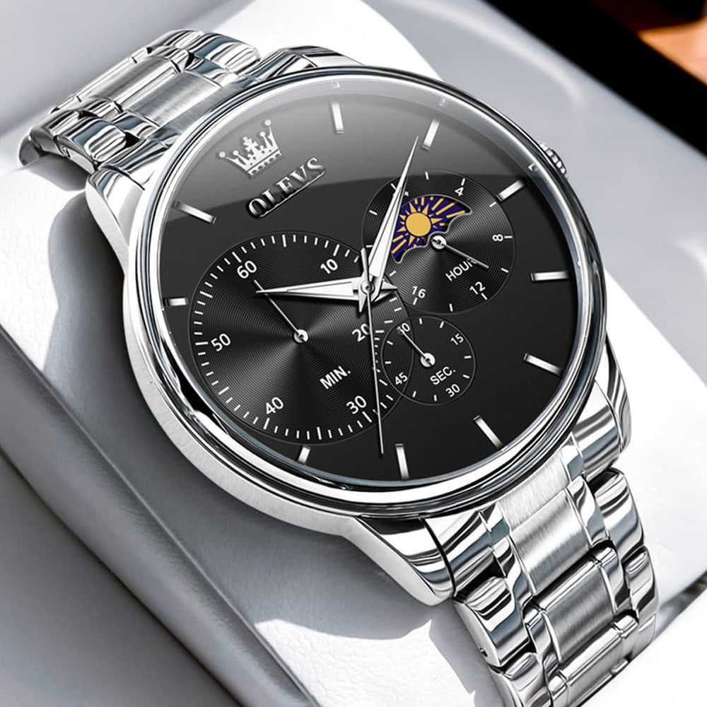 OLEVS 2936 Chronograph Moon Phase Quartz Watch for Men - Silver Black Watch | Olevs Watch Store