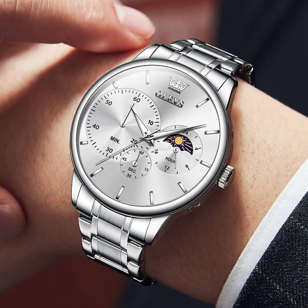 OLEVS 2936 Chronograph Moon Phase Quartz Watch for Men - Silver Black Watch | Olevs Watch Store