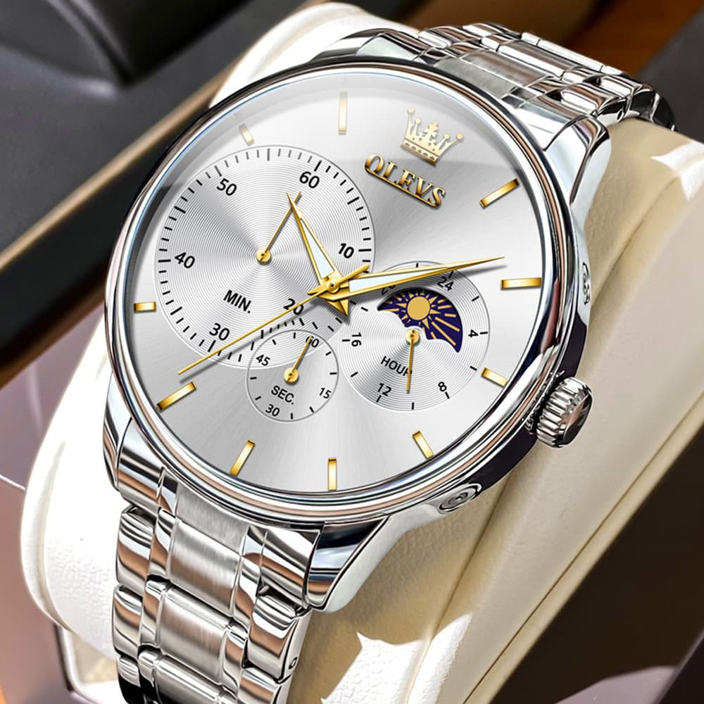 OLEVS 2936 Chronograph Moon Phase Quartz Watch for Men - Silver Black Watch | Olevs Watch Store
