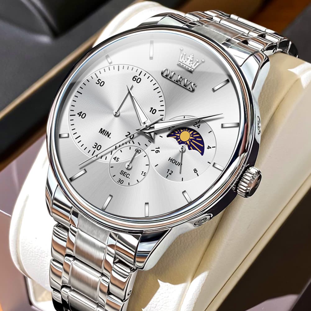 OLEVS 2936 Chronograph Moon Phase Quartz Watch for Men - Silver Black Watch | Olevs Watch Store