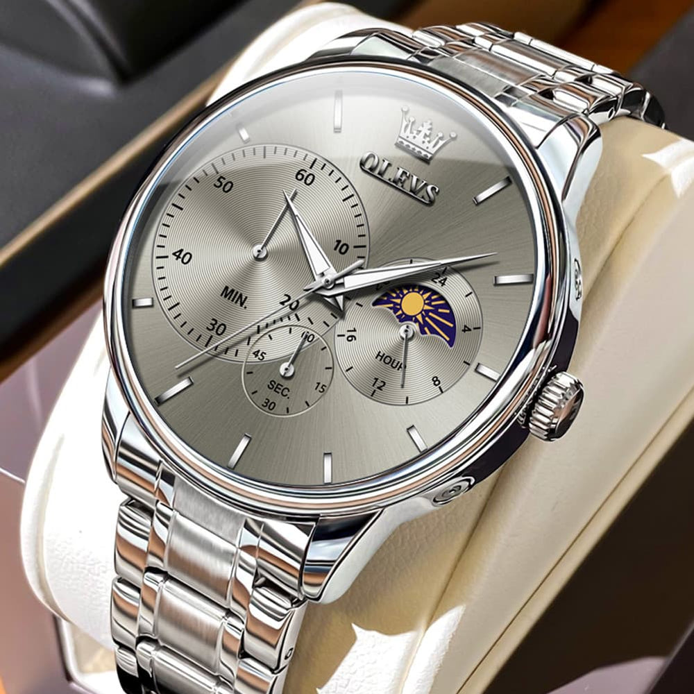 OLEVS 2936 Chronograph Moon Phase Quartz Watch for Men - Silver Black Watch | Olevs Watch Store