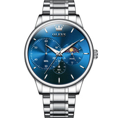 OLEVS 2936 Chronograph Moon Phase Quartz Watch for Men - Silver Blue Watch | Olevs Watch Store