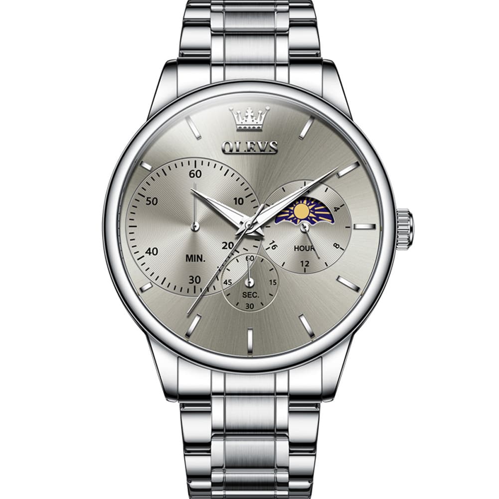 OLEVS 2936 Chronograph Moon Phase Quartz Watch for Men - Silver Gray Watch | Olevs Watch Store