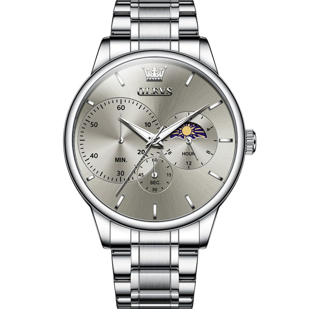 OLEVS 2936 Chronograph Moon Phase Quartz Watch for Men - Silver Gray Watch | Olevs Watch Store