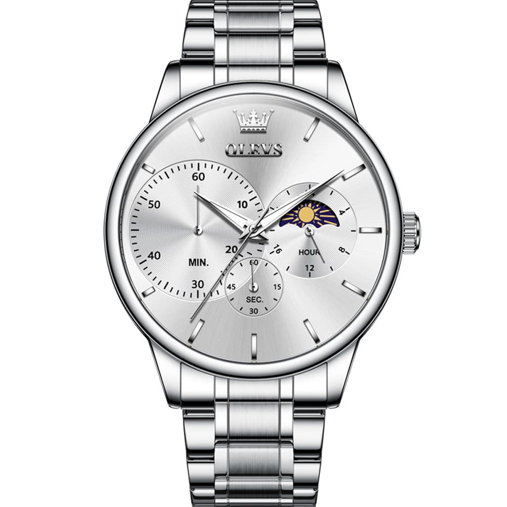 OLEVS 2936 Chronograph Moon Phase Quartz Watch for Men - Silver White Watch | Olevs Watch Store