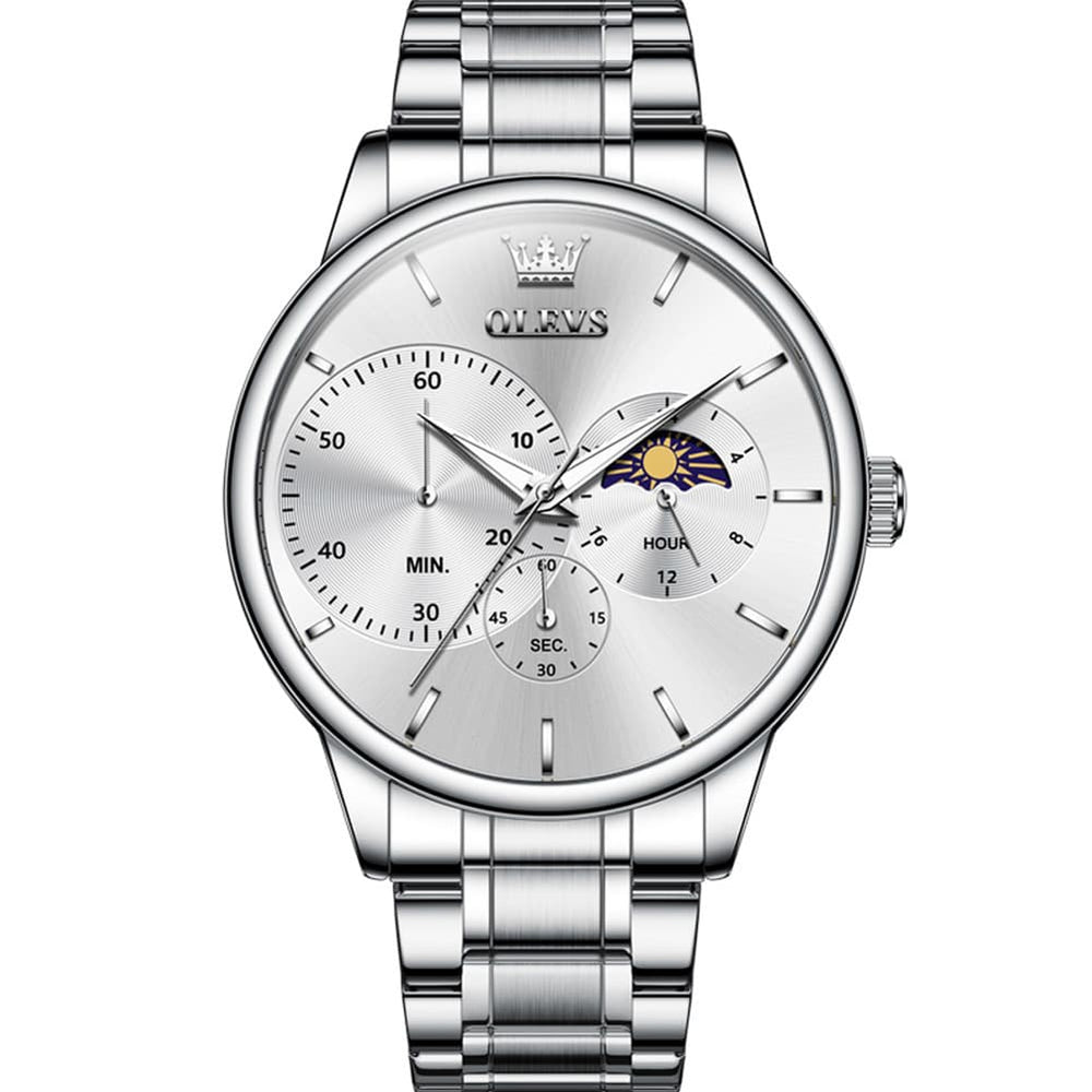 OLEVS 2936 Chronograph Moon Phase Quartz Watch for Men - Silver White Watch | Olevs Watch Store