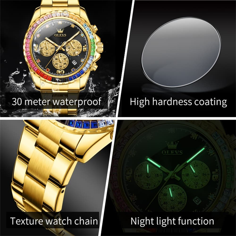 OLEVS 2939 Rainbow Bezel Chronograph Quartz Watch for Men - All Gold Watch | Olevs Watch Store