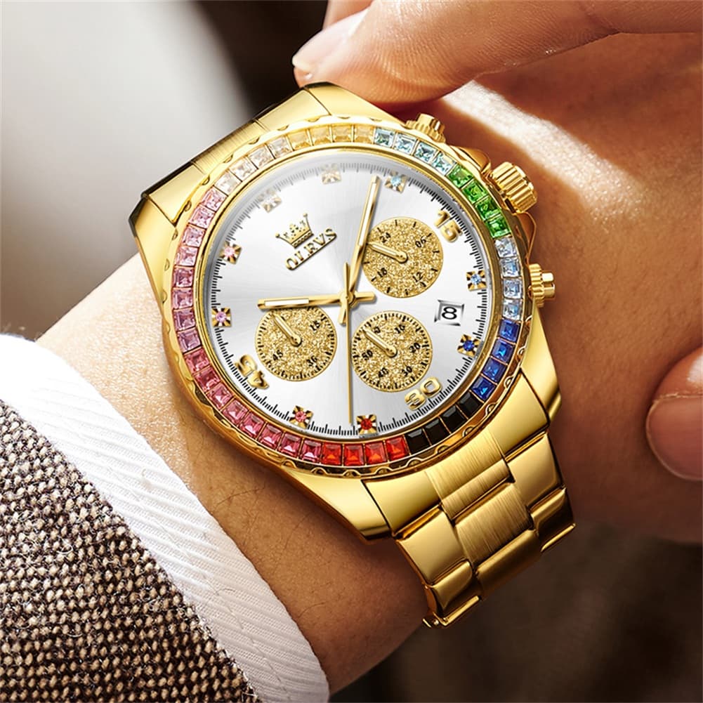 OLEVS 2939 Rainbow Bezel Chronograph Quartz Watch for Men - All Gold Watch | Olevs Watch Store