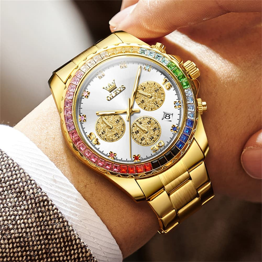 OLEVS 2939 Rainbow Bezel Chronograph Quartz Watch for Men - All Gold Watch | Olevs Watch Store