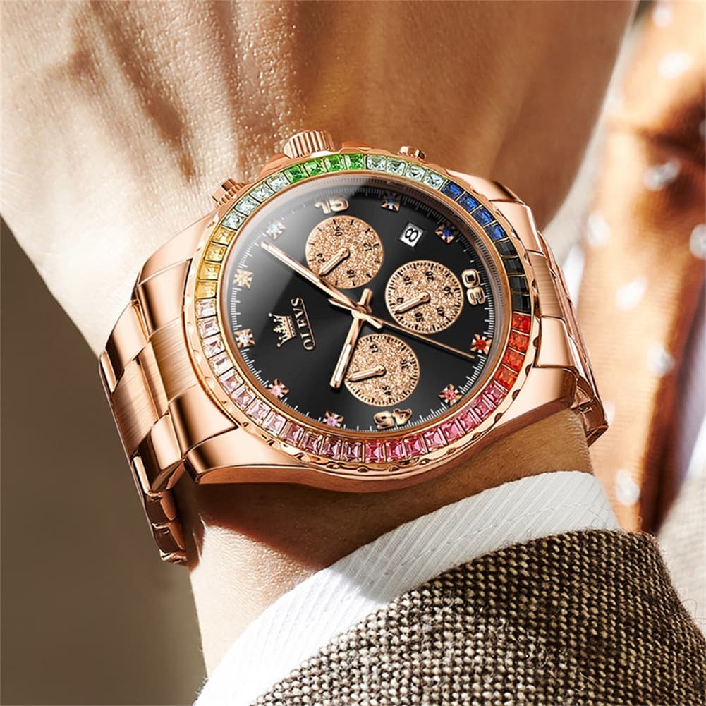 OLEVS 2939 Rainbow Bezel Chronograph Quartz Watch for Men - All Gold Watch | Olevs Watch Store