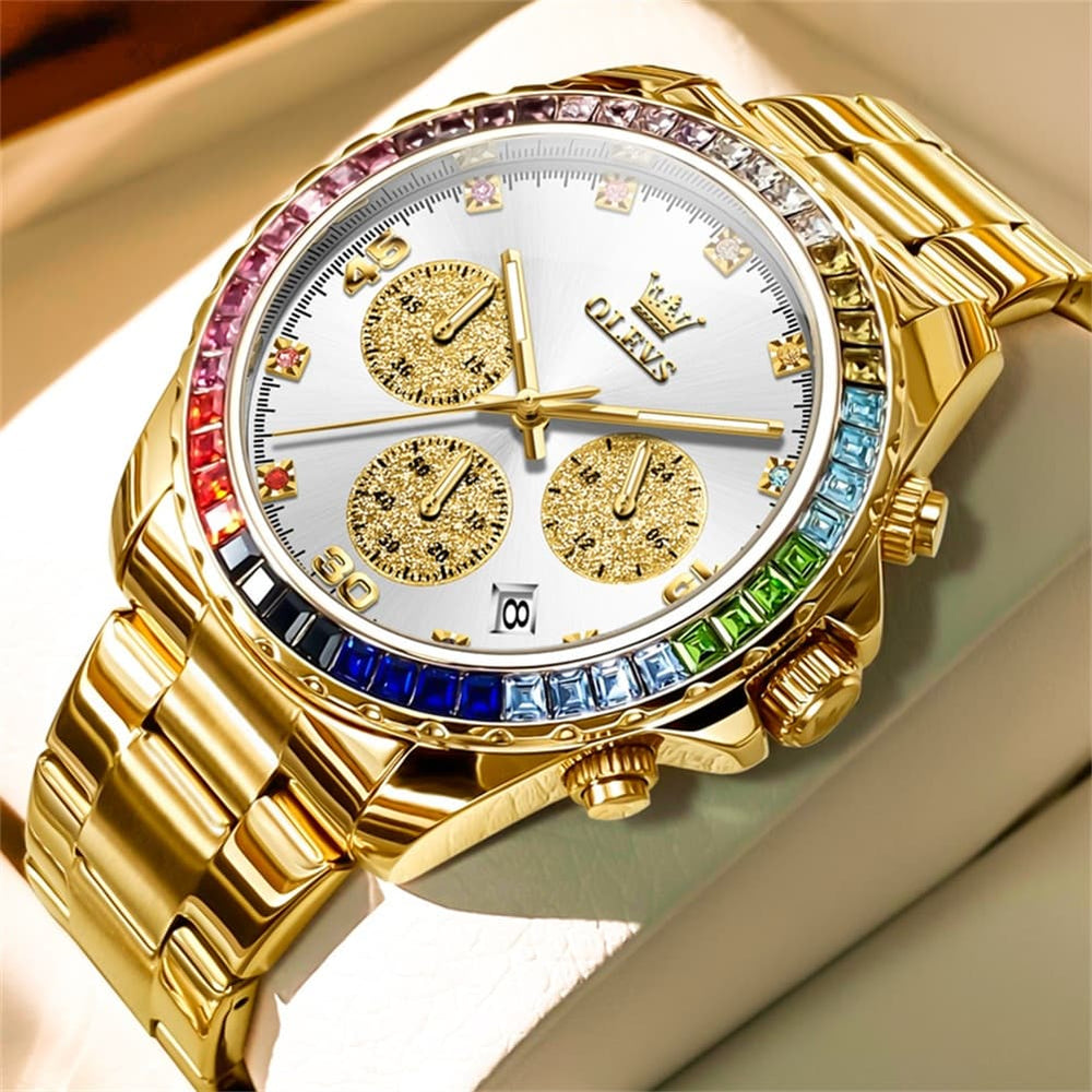 OLEVS 2939 Rainbow Bezel Chronograph Quartz Watch for Men - All Gold Watch | Olevs Watch Store