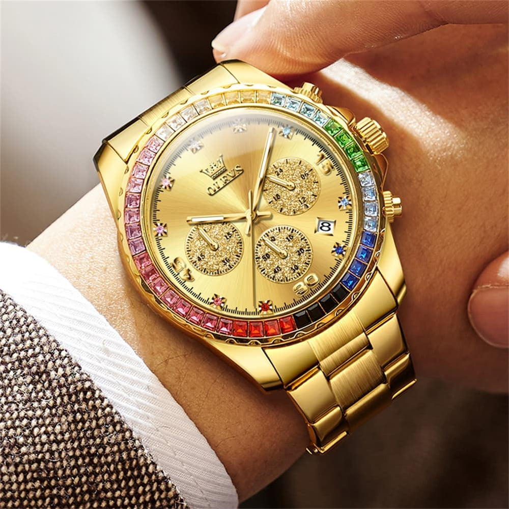 OLEVS 2939 Rainbow Bezel Chronograph Quartz Watch for Men - All Gold Watch | Olevs Watch Store