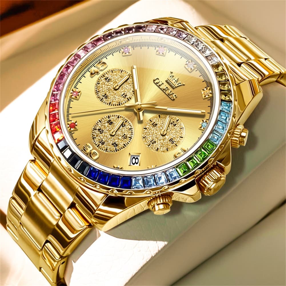 OLEVS 2939 Rainbow Bezel Chronograph Quartz Watch for Men - All Gold Watch | Olevs Watch Store