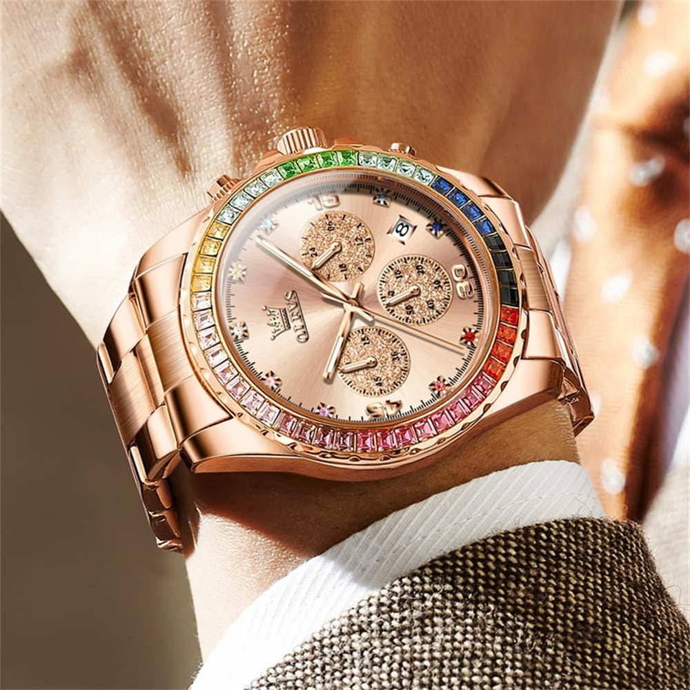 OLEVS 2939 Rainbow Bezel Chronograph Quartz Watch for Men - All Gold Watch | Olevs Watch Store