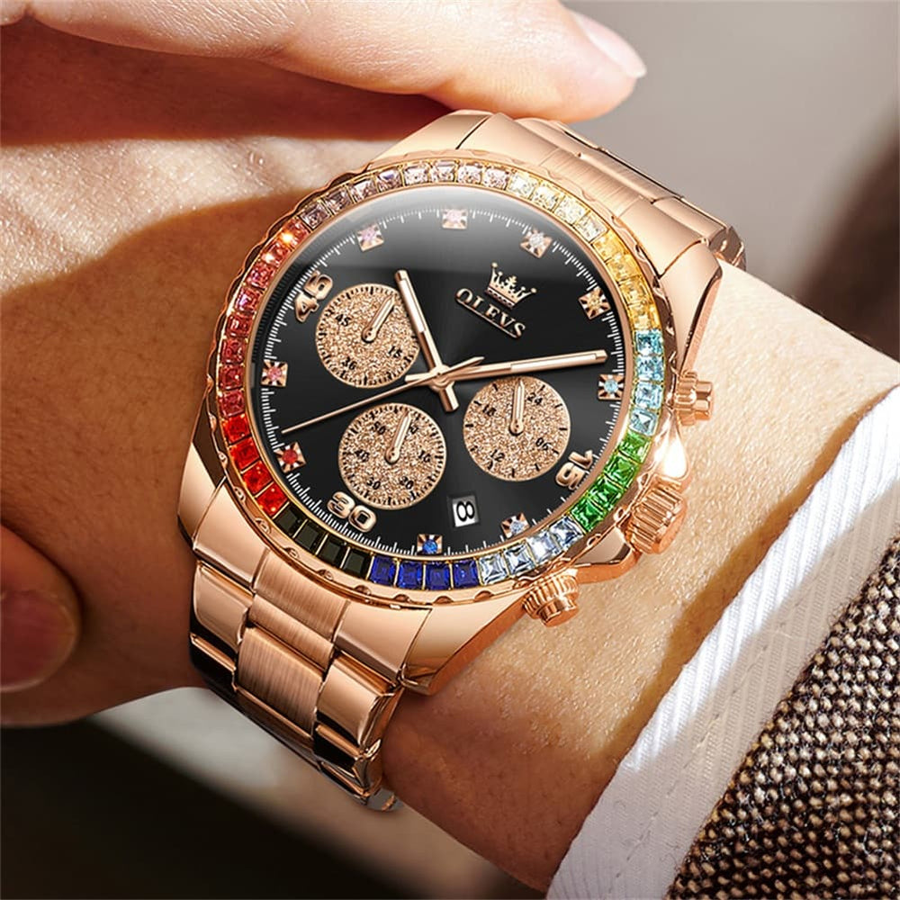 OLEVS 2939 Rainbow Bezel Chronograph Quartz Watch for Men - All Gold Watch | Olevs Watch Store