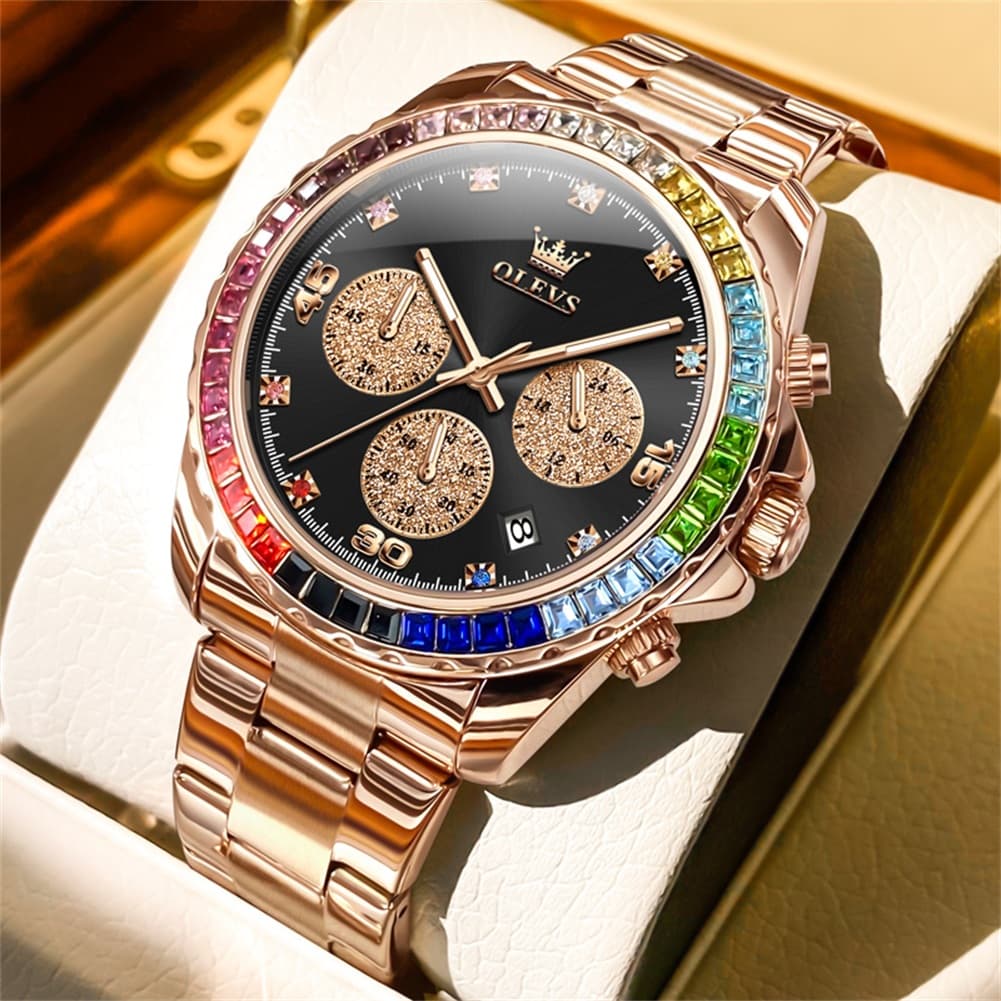 OLEVS 2939 Rainbow Bezel Chronograph Quartz Watch for Men - All Gold Watch | Olevs Watch Store