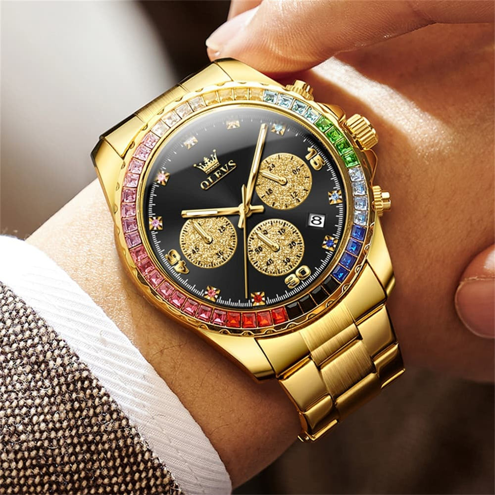 OLEVS 2939 Rainbow Bezel Chronograph Quartz Watch for Men - All Gold Watch | Olevs Watch Store
