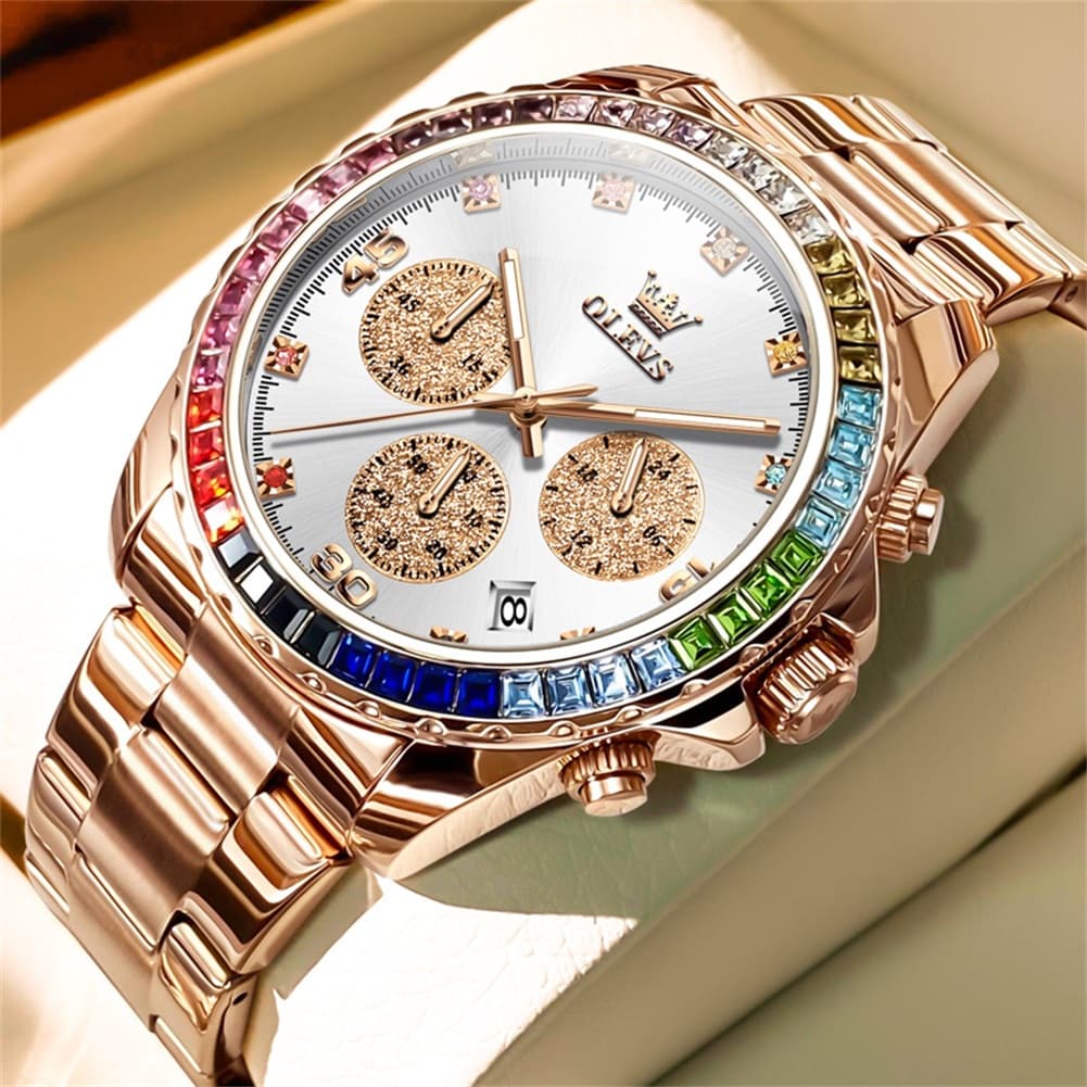 OLEVS 2939 Rainbow Bezel Chronograph Quartz Watch for Men - All Gold Watch | Olevs Watch Store