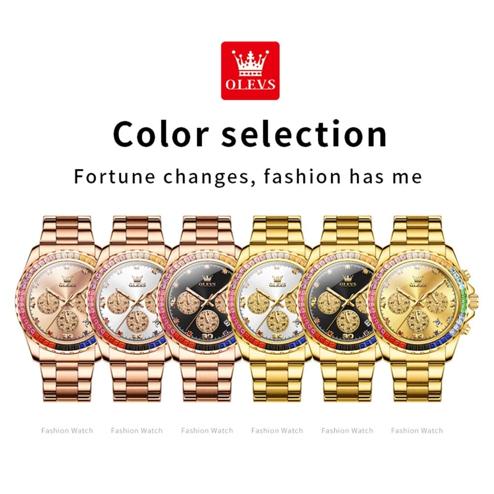 OLEVS 2939 Rainbow Bezel Chronograph Quartz Watch for Men - All Gold Watch | Olevs Watch Store