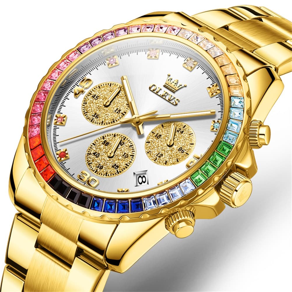 OLEVS 2939 Rainbow Bezel Chronograph Quartz Watch for Men - All Gold Watch | Olevs Watch Store