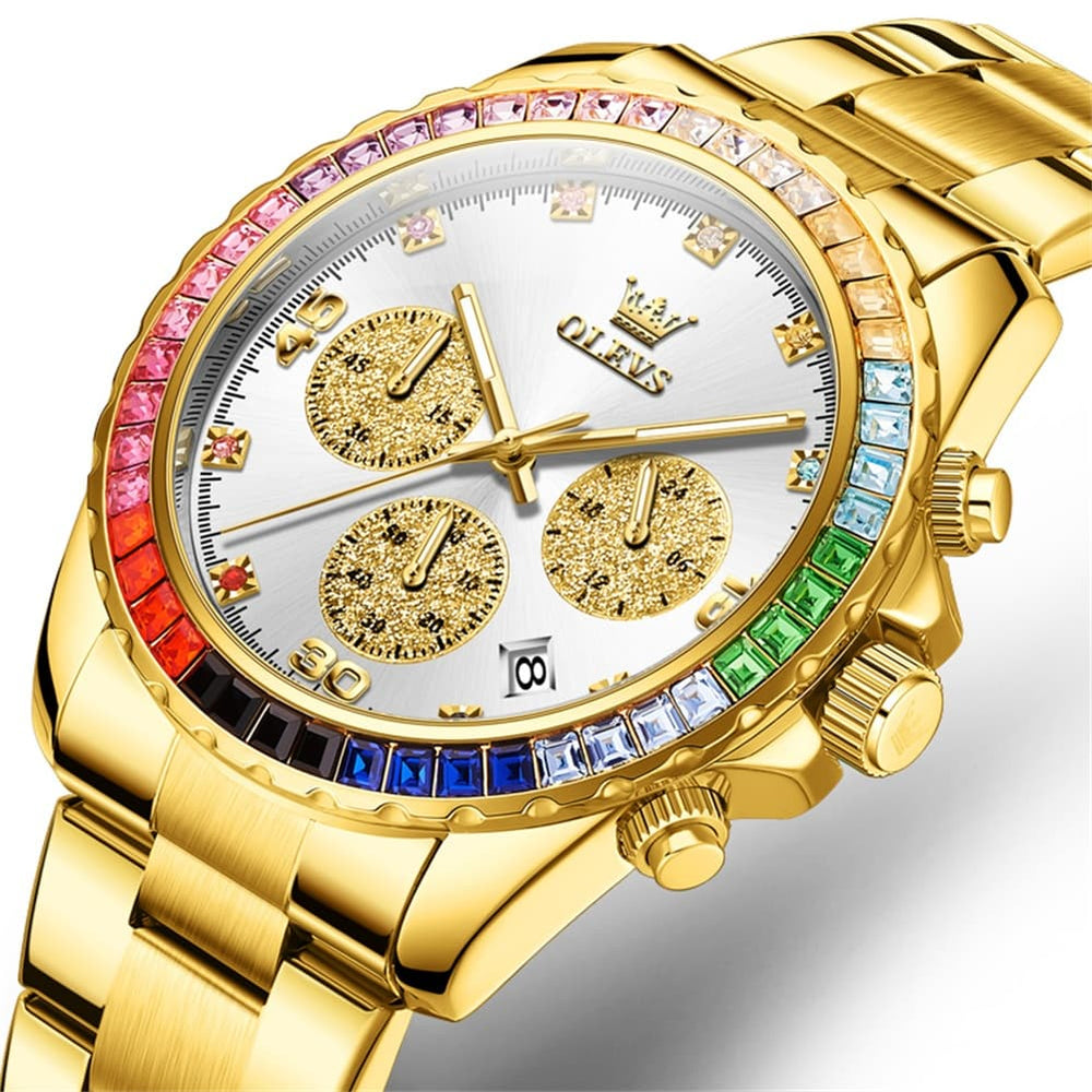 OLEVS 2939 Rainbow Bezel Chronograph Quartz Watch for Men - All Gold Watch | Olevs Watch Store