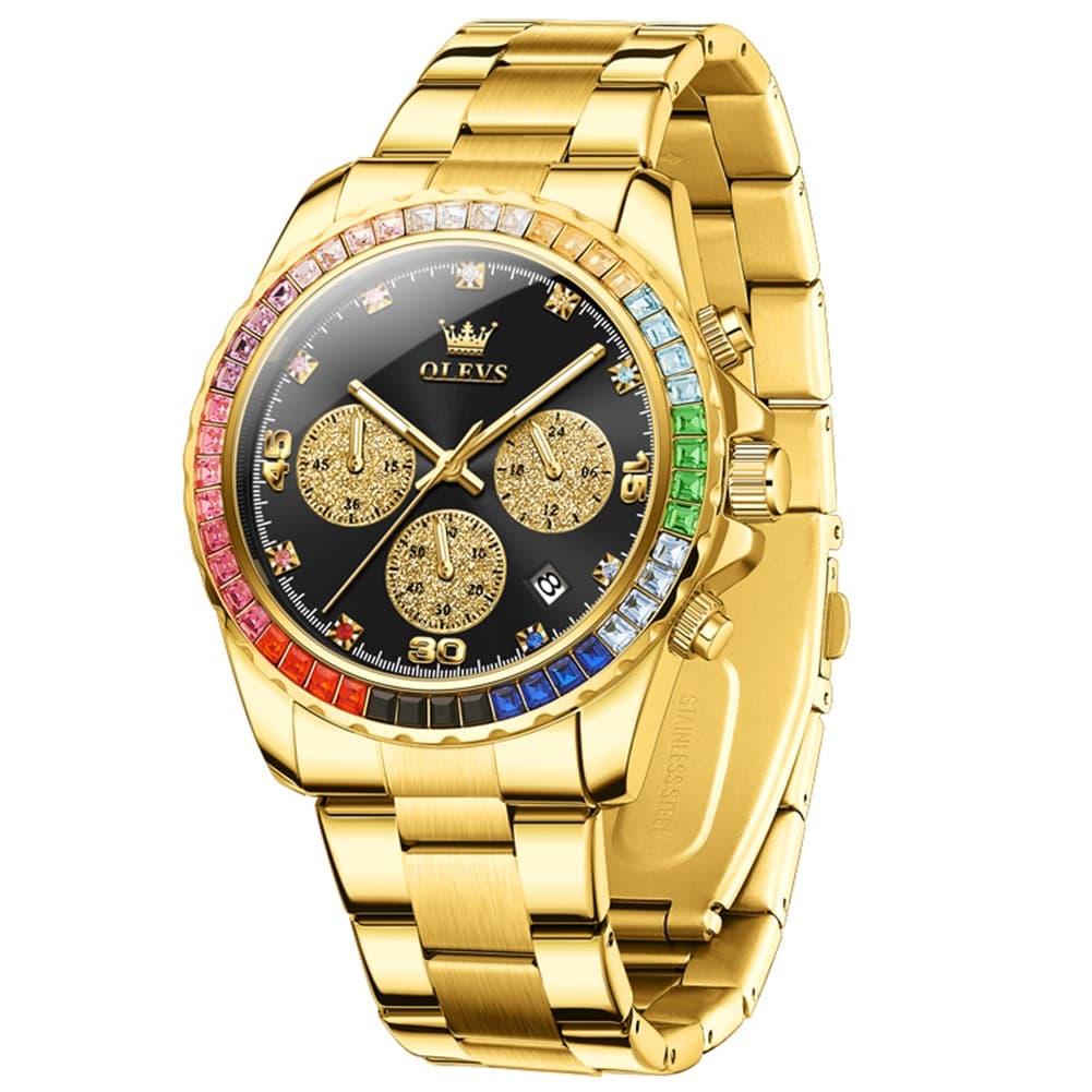 OLEVS 2939 Rainbow Bezel Chronograph Quartz Watch for Men - Gold Black Watch | Olevs Watch Store