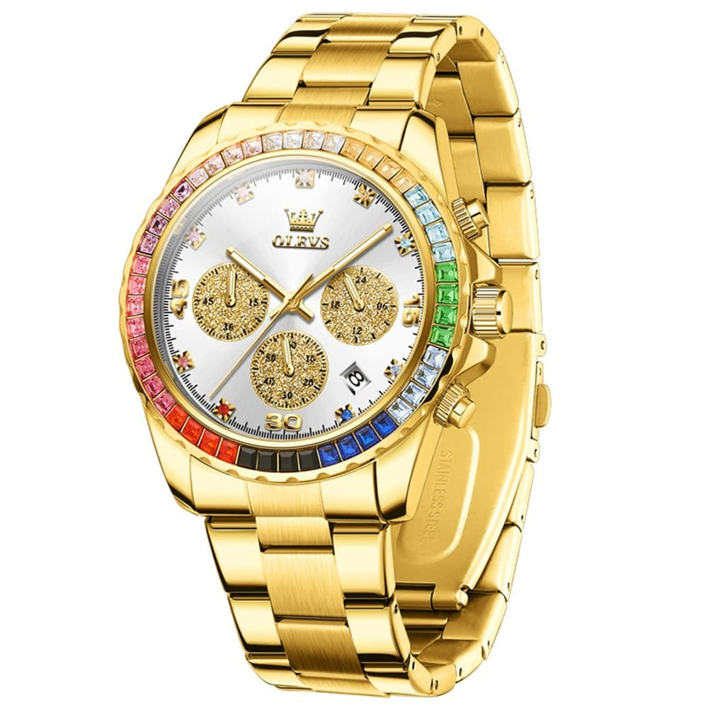 OLEVS 2939 Rainbow Bezel Chronograph Quartz Watch for Men - Gold White Watch | Olevs Watch Store