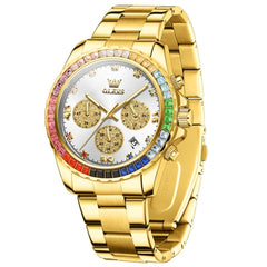 OLEVS 2939 Rainbow Bezel Chronograph Quartz Watch for Men - Gold White Watch | Olevs Watch Store