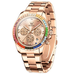 OLEVS 2939 Rainbow Bezel Chronograph Quartz Watch for Men - Rose Gold Watch | Olevs Watch Store