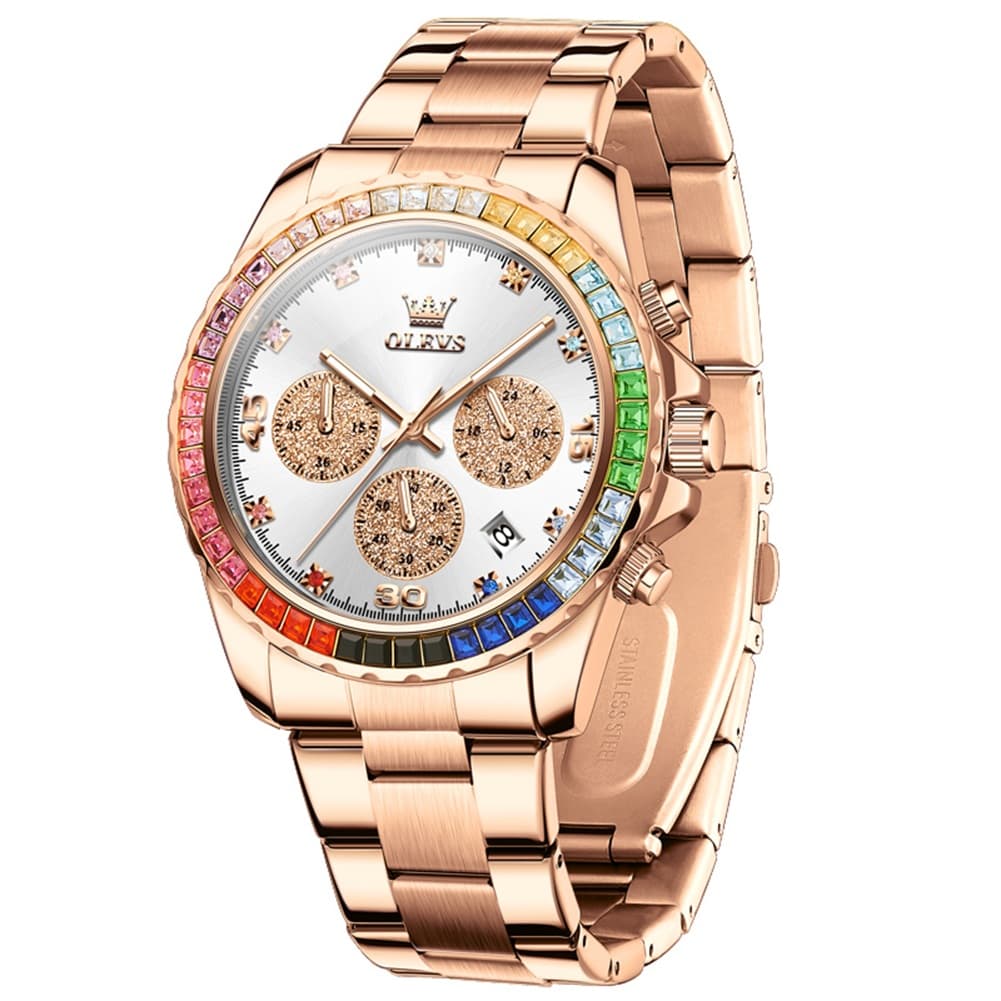 OLEVS 2939 Rainbow Bezel Chronograph Quartz Watch for Men - Rose White Watch | Olevs Watch Store