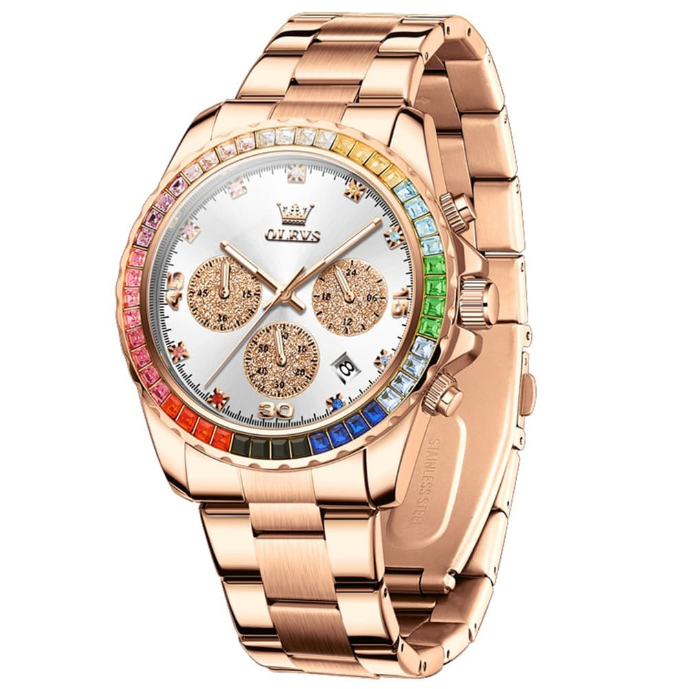 OLEVS 2939 Rainbow Bezel Chronograph Quartz Watch for Men - Rose White Watch | Olevs Watch Store