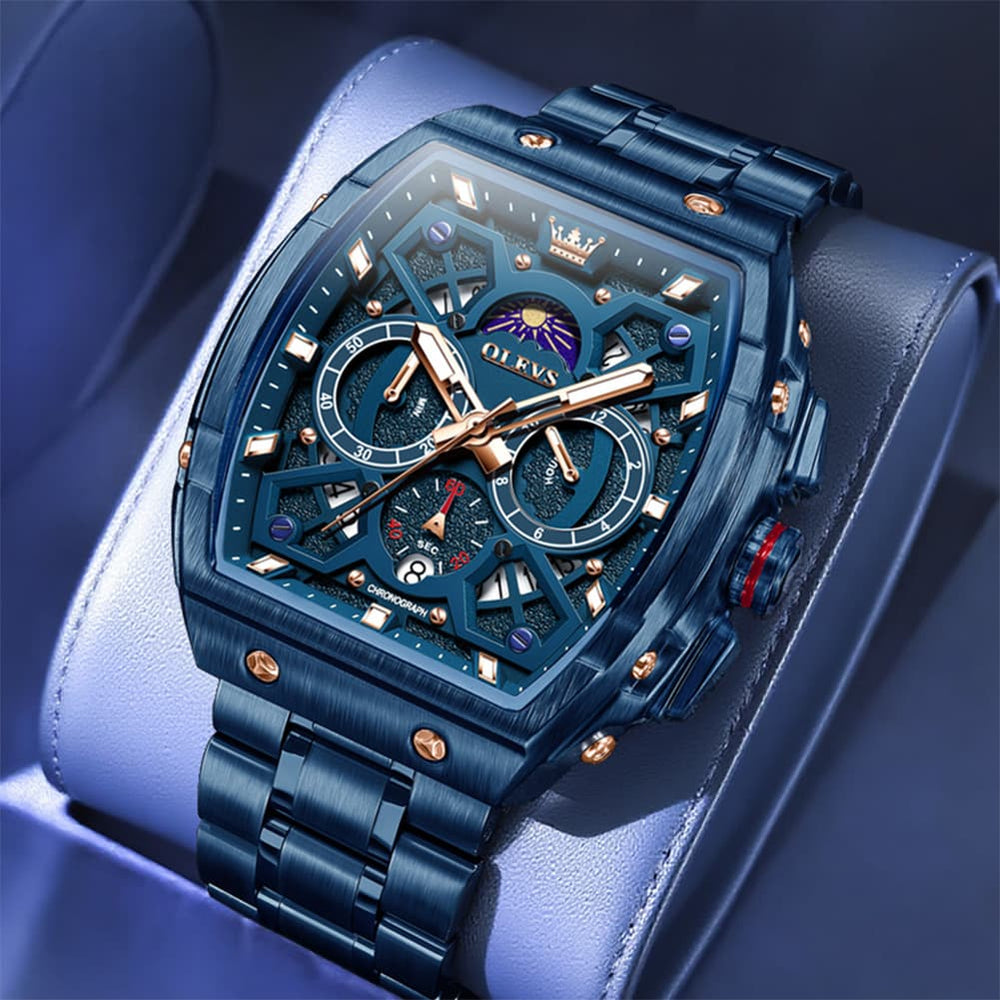 OLEVS 2942 Tonneau Dual Time Quartz Watch for Men - All Blue Watch | Olevs Watch Store