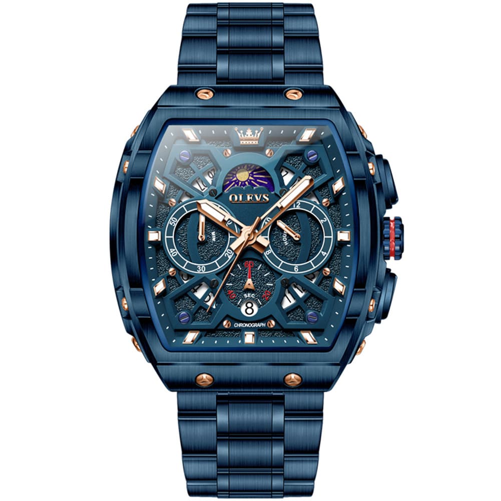 OLEVS 2942 Tonneau Dual Time Quartz Watch for Men - All Blue Watch | Olevs Watch Store